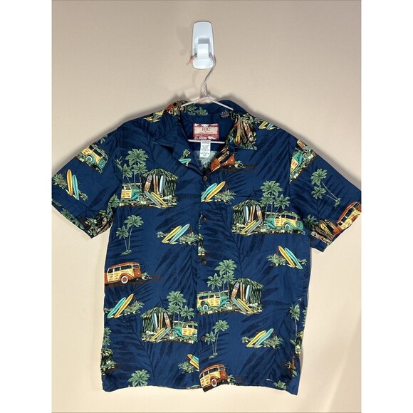 Vintage RJC Hawaiian Shirt Mens Medium Woody Palm Trees Blue Made in USA Cotton - Picture 1 of 8